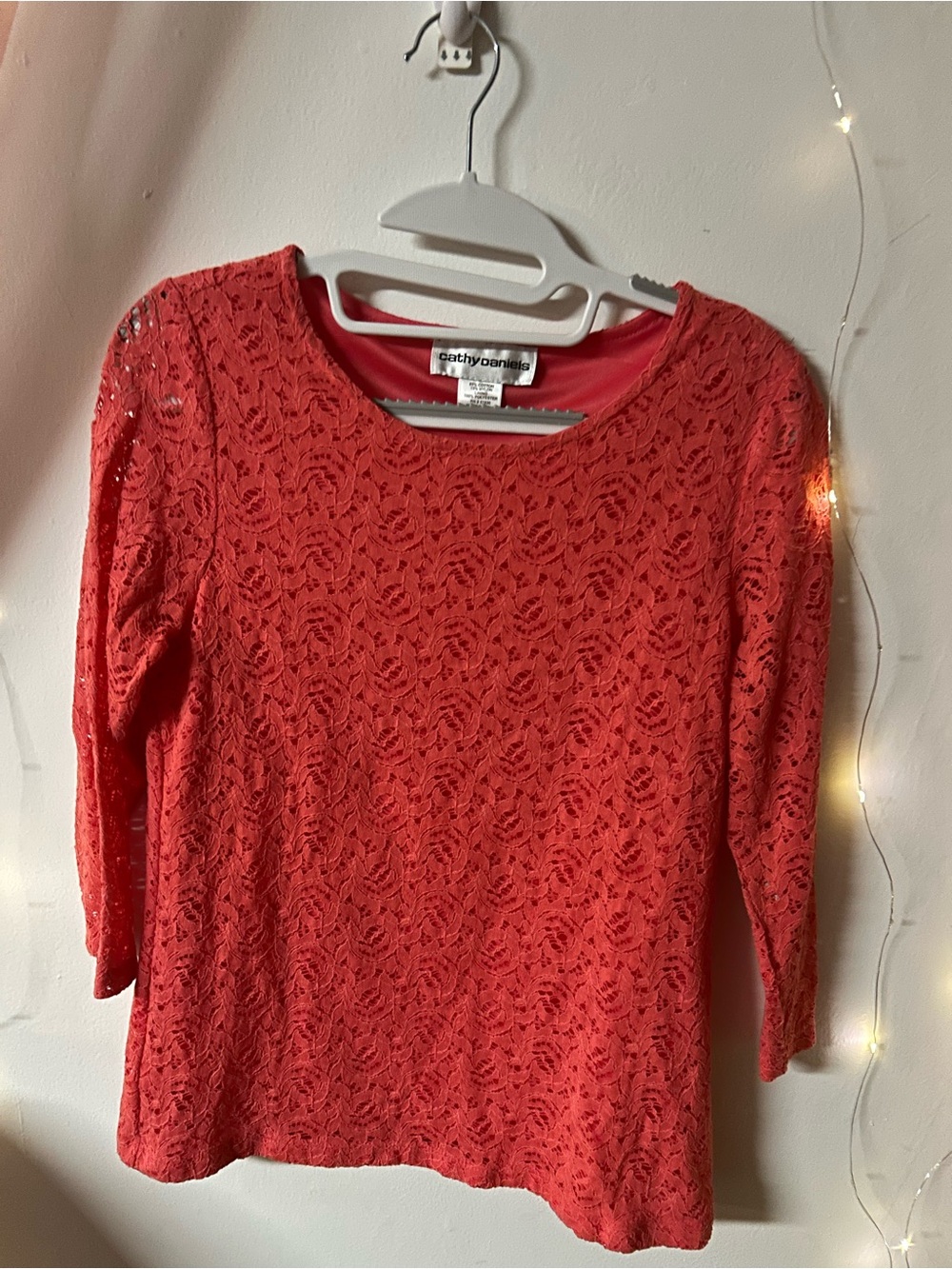 Cathy Daniels Coral-Red Lace Overlay Blouse